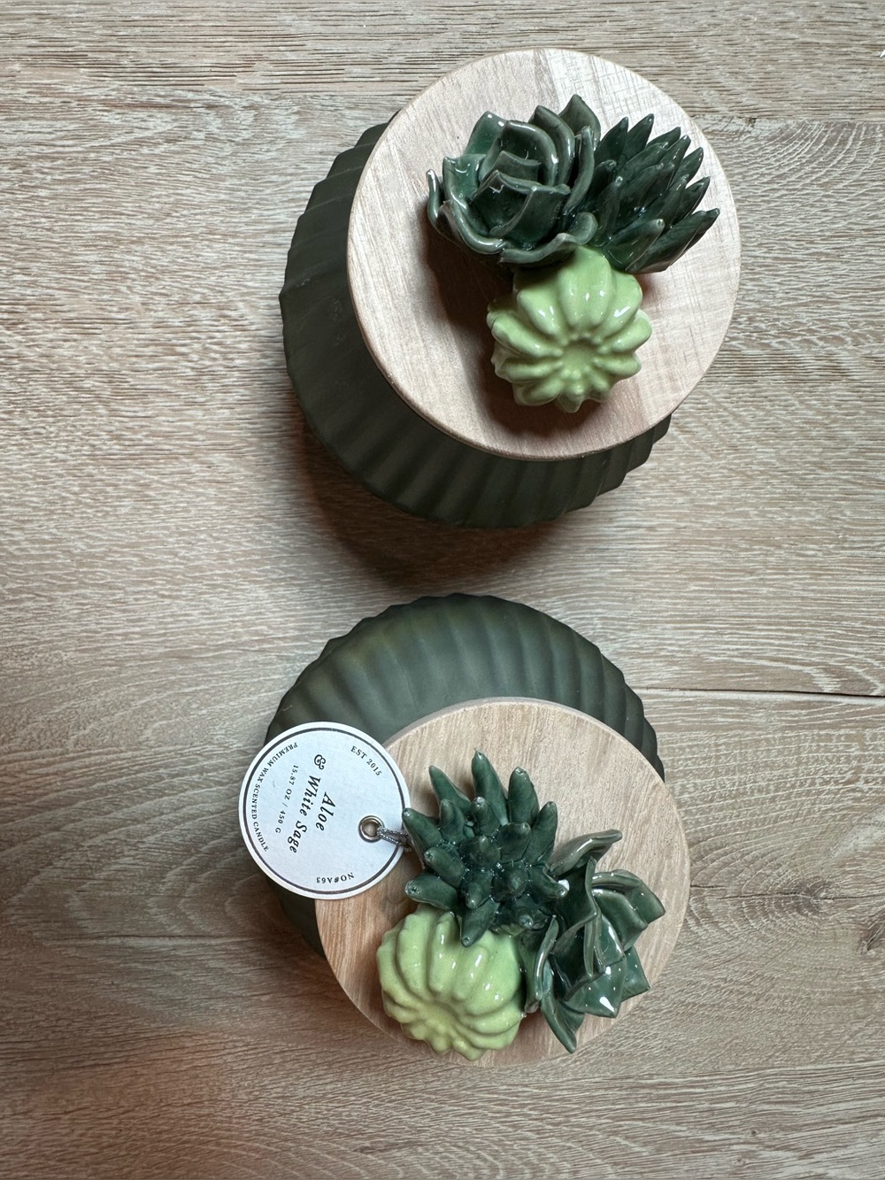 Green Ceramic Succulent Candle Jar with Wooden Lid set of 2